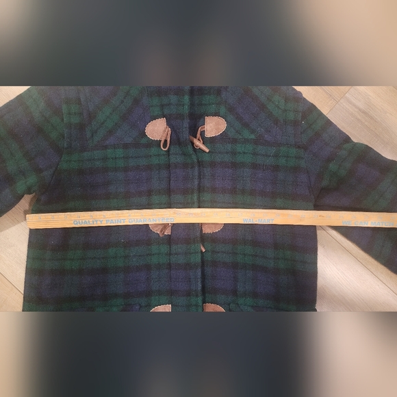 Vintage 80s LL Bean Duffle Over Coat WOOL Women's size Large Blue Green Plaid - Picture 8 of 10